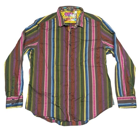 Robert Graham Button Shirt Mens XL Red Blue Green Flip Cuff Striped Check - Picture 1 of 10